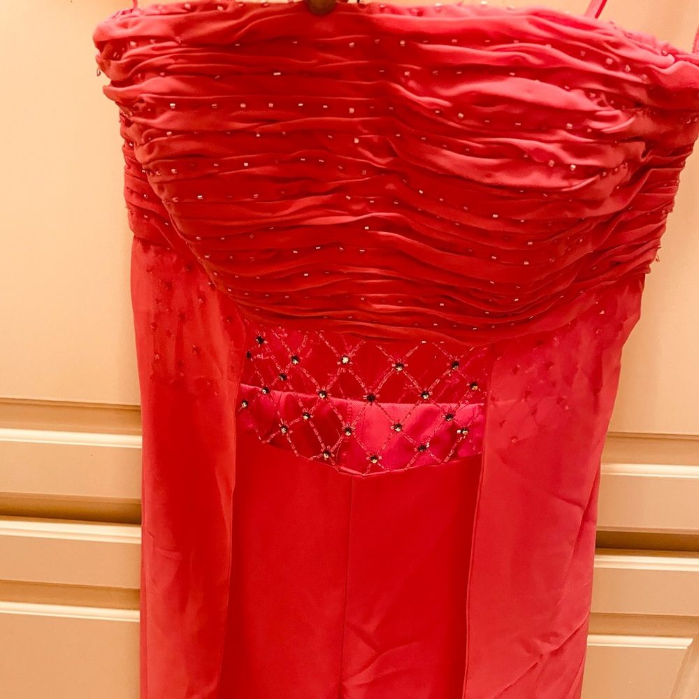 ‼️Close Out‼️ hot pink long dress/jumpsuit with rhinestones & see through panels